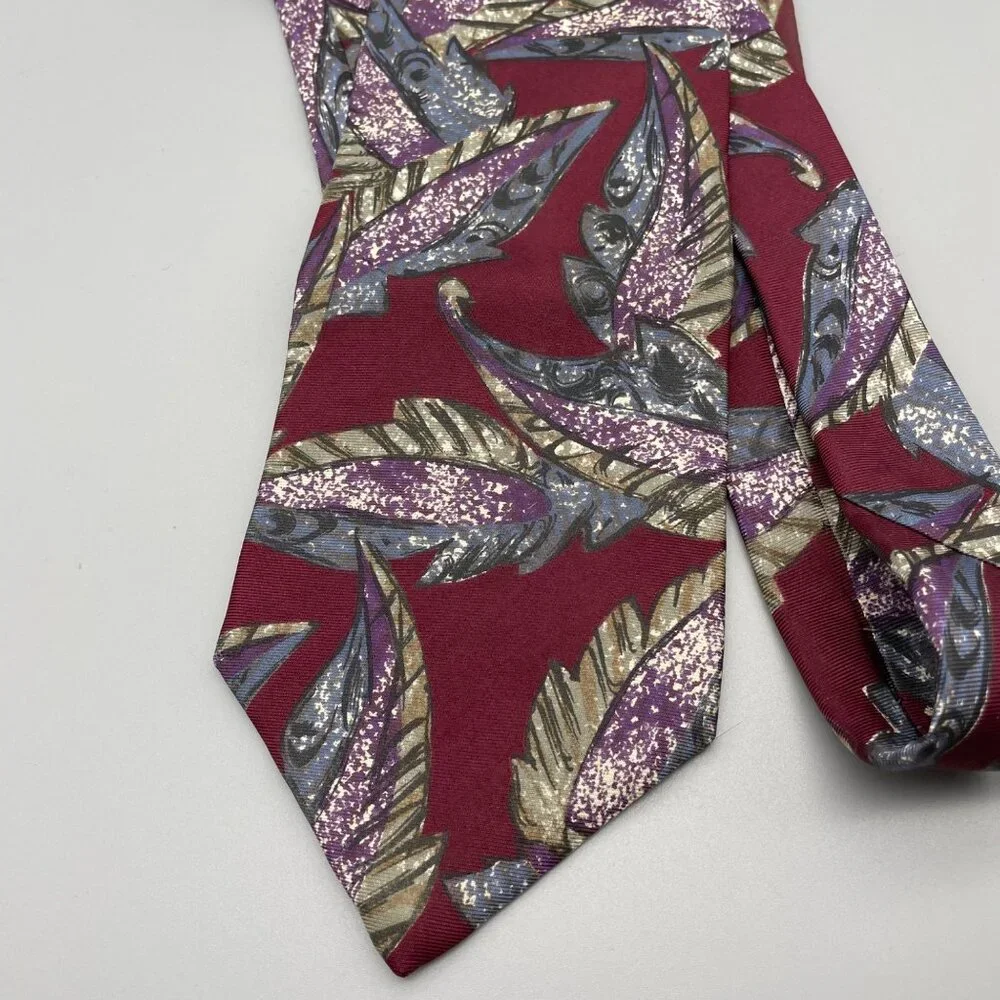Vintage Christian Dior Red and Purple Palm Printed Silk Tie Made in Italy 80s 90